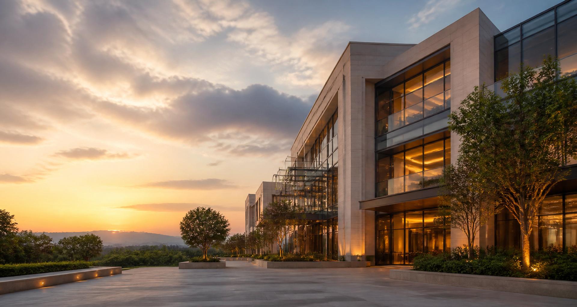 Class A commercial office campus at golden hour