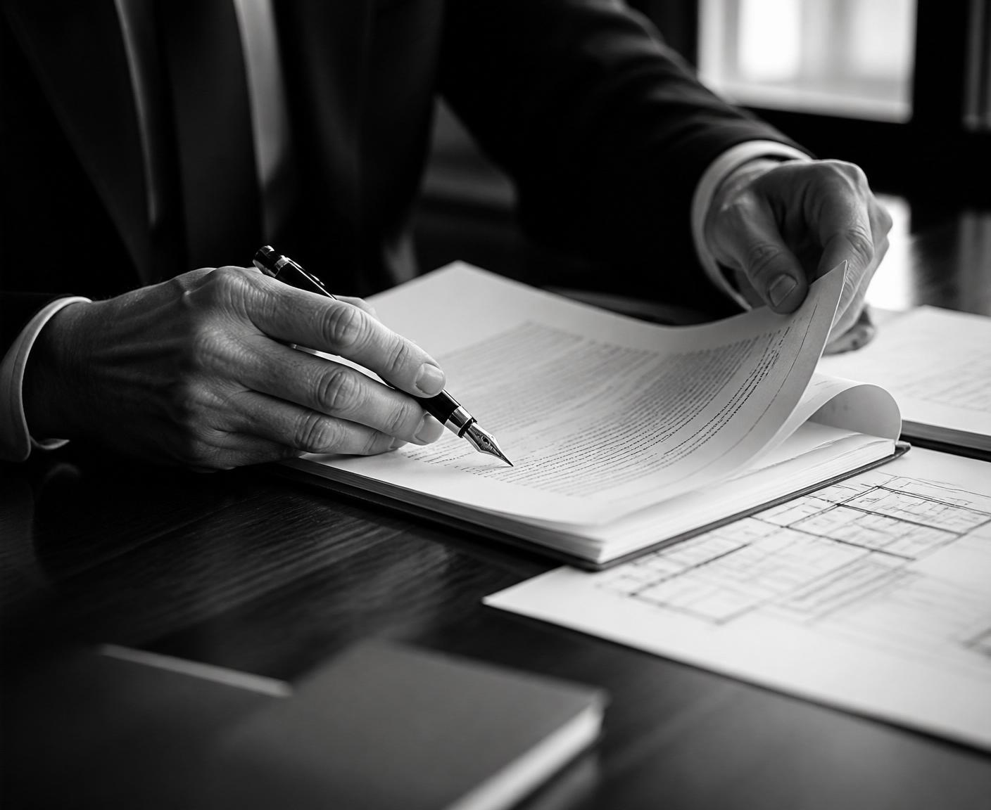 Executive reviewing commercial lease documents at a conference table