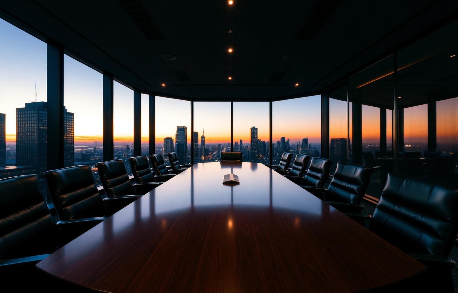 Executive boardroom at dusk with skyline view